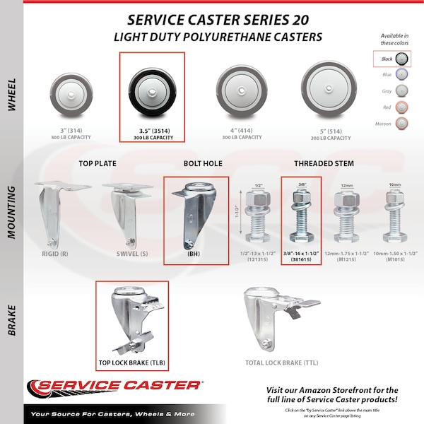 Service Caster 3.5 Inch SS Black Polyurethane Swivel 3/8 Inch Threaded Stem Caster with Brake SCC-SSTS20S3514-PPUB-BLK-TLB-381615 - main